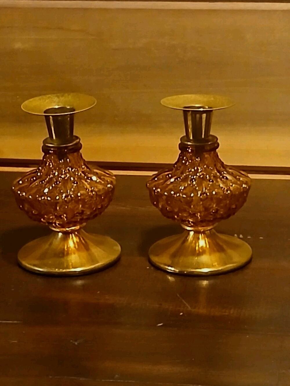 Vtg Mid Century Amber Glass Candlesticks Pair Hollywood Regency Bubble Textured